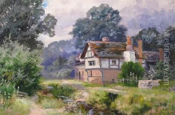 A Country Cottage By A Stream Oil Painting - James Henry Crossland