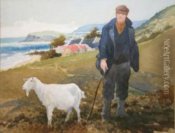 Man With A Goat - Antrim Coast Oil Painting - Joseph Wrightson McIntyre