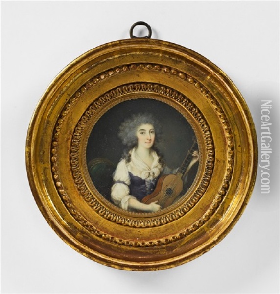 A Portrait Miniature Of A Young Lady With A Guitar Oil Painting - Anne Wetherill