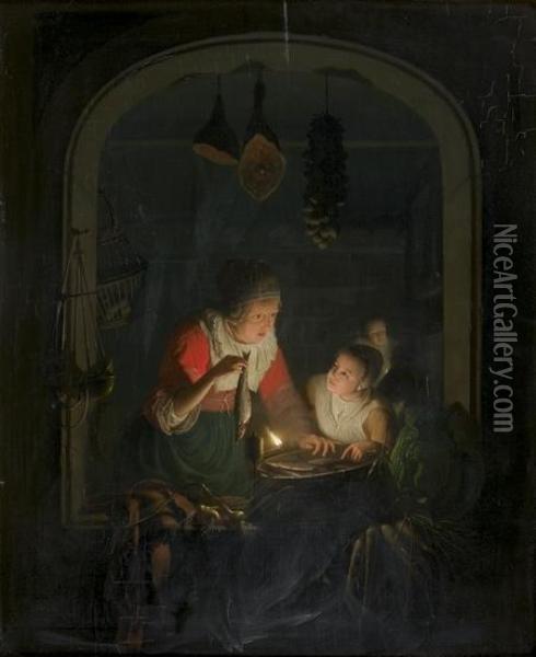 Une Cuisiniere Preparant Des Poissons A L'embrasure D'une Fenetre Oil Painting - Petrus van Schendel