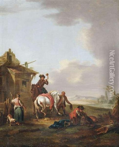 Resting Horsemen At A Farmhouse. Oil Painting - Pieter van Bloemen