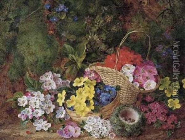 Flowers In Baskets And A Bird's Nest With Eggs On A Mossy Bank Oil Painting - George Clare