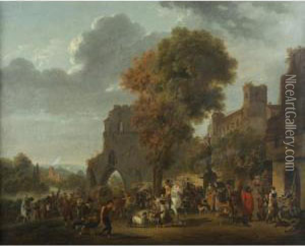 A Market Scene With A Passing Troop Of Soldiers Oil Painting - Adolphe Roehn