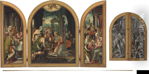 A Triptych Of The Adoration Of The Shepherds Oil Painting - Lambert Lombard