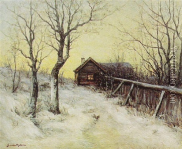 Stuga I Sloinge, Vinter Oil Painting - Johan Severin Nilsson
