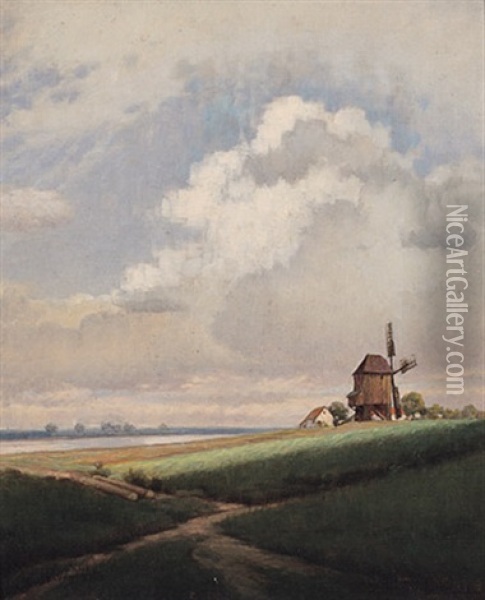 Nordliche Flusslandschaft Mit Windmuhle Im Sonnigen Licht An Einem Sommertag Oil Painting - Ferdinand Brunner