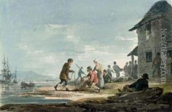 Fishermen At Work On The Foreshore Oil Painting - William Payne