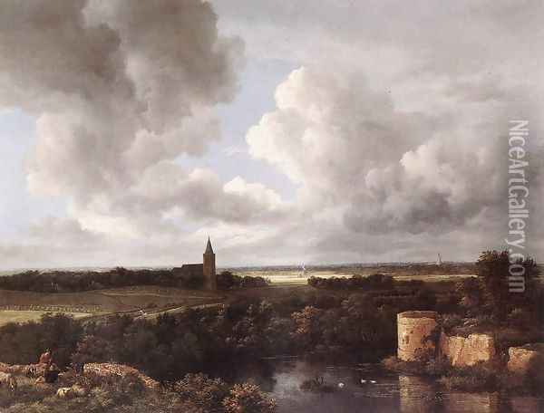 An Extensive Landscape with a Ruined Castle and a Village Church 1665-72 Oil Painting - Jacob Van Ruisdael