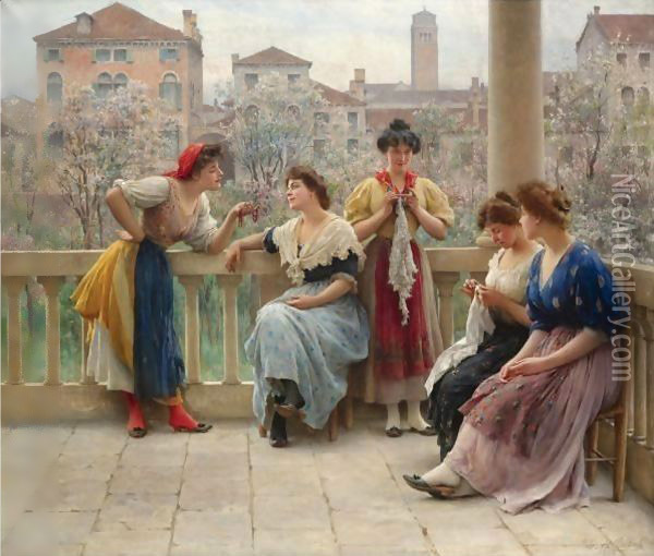 Conversation On The Terrace, Venice Oil Painting - Eugene de Blaas