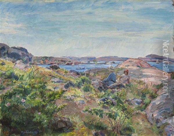 To Kvinner I Sommerlandskap Oil Painting - August Eiebakke
