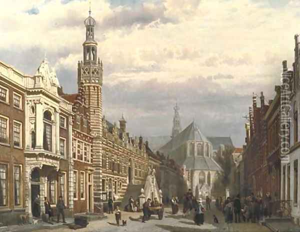 View of the Town Hall and the St. Laurenschurch in Alkmaar 2 Oil Painting - Cornelis Springer