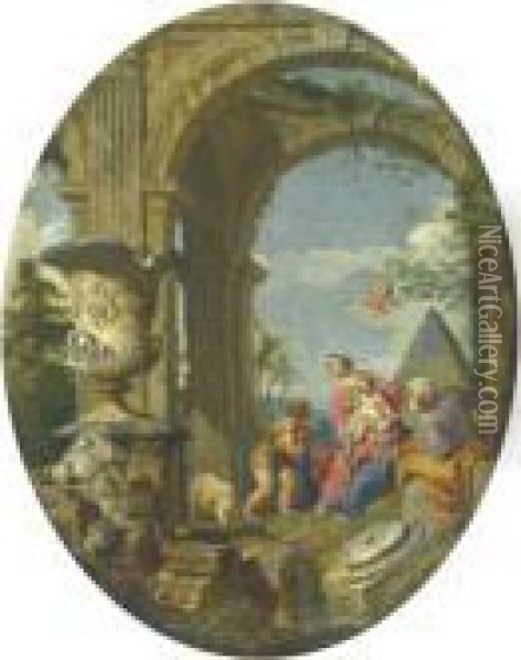 Capriccio Con Sacra Famiglia Oil Painting - Giovanni Niccolo Servandoni