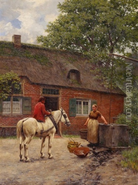 Reiter Und Junge Frau Vor Einem Reetgedeckten Bauernhaus Oil Painting - Henri Houben