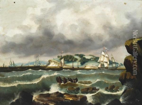 Ships At Calais, Maine Oil Painting - Thomas Chambers
