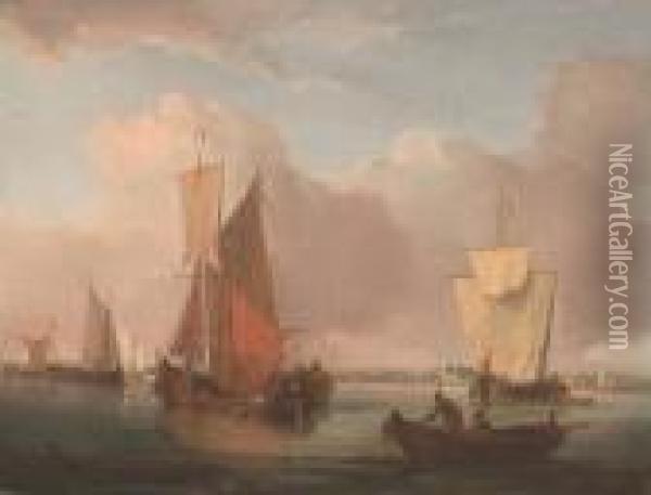 Barges Drying Their Sails On An East Anglian Estuary Oil Painting - William Anderson