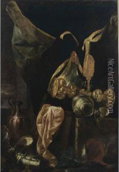 A Still Life With Armour, A 
Silver-gilt Cup, A Copper Jug, A Silver Bowl And A Pink Cloth Oil Painting - Peeter Boel
