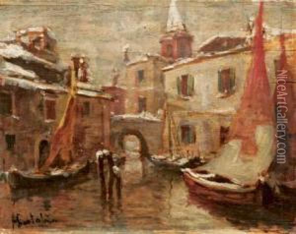 Canale A Chioggia Sotto La Neve Oil Painting - Alessandro Catalani