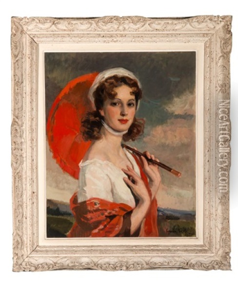 Portrait Of A Young Lady With Red Parasol Oil Painting - Cyprien Eugene Boulet