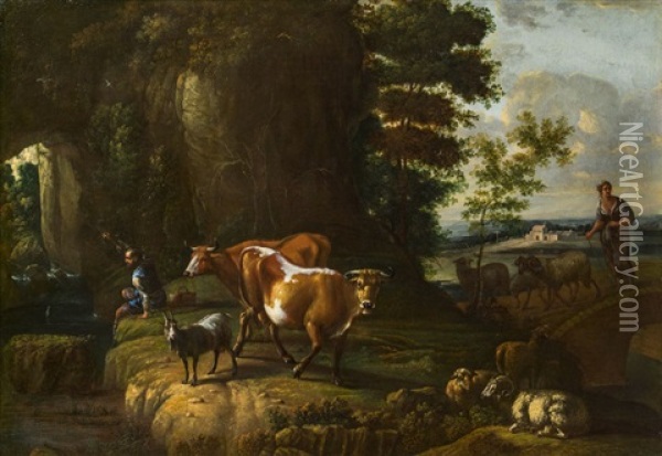 Landschaft Mit Fischer Und Herde Oil Painting - Johann Heinrich Roos