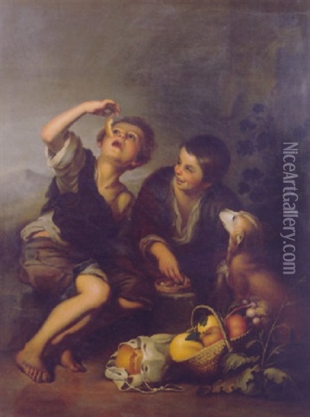 Boys Seated In A Landscape Eating Melon Oil Painting - Bartolome Esteban Murillo