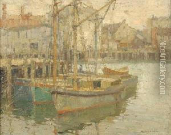 View Of Gloucester Harbor With Docked Fishing Boats Oil Painting - Frederick John Mulhaupt