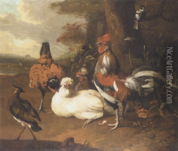 Still Life Of Chickens, A Cockerel And Other Fowl In A Landscape Oil Painting - Melchior de Hondecoeter