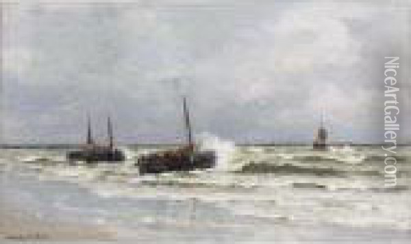 Bomschuiten With Fishermen In The Breakers, Katwijk Oil Painting - Gerhard Arij Ludwig Morgenstje Munthe