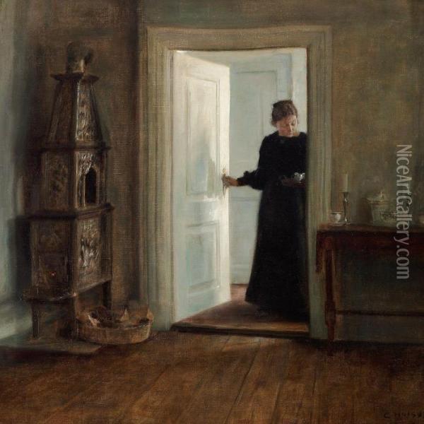 The Artist's Wife With A Tray In A Doorway Oil Painting - Carl Vilhelm Holsoe