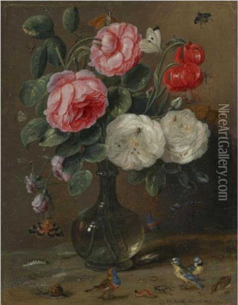 Still Life Of Roses In A Glass Vase With Numerous Insects,including Butterflies Oil Painting - Jan van Kessel