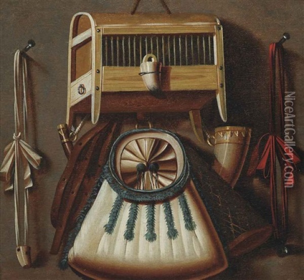 A Trompe L'oeil Still Life With A Bird Cage, A Hunting Horn And Other Hunting Equipment Hanging On A Wall Oil Painting - Johannes Leemans