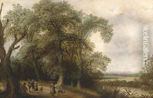 A wooded river landscape with figures on a track Oil Painting - Willem Van Den Bundel
