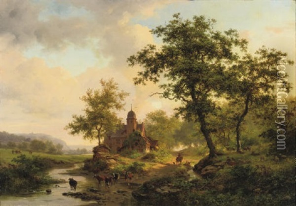 Cattle Drinking From A Stream In A Summer Landscape Oil Painting - Frederik Marinus Kruseman