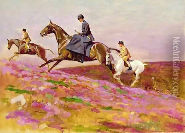 Lady Currie with her sons Bill and Hamish Hunting on Exmoor Oil Painting - Cecil Charles Aldin