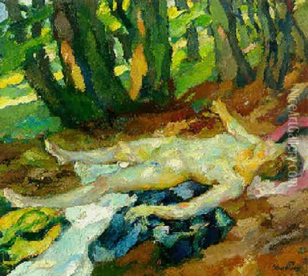 Liegender Akt Im Wald Oil Painting - Leo Putz