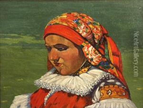A Young Girl In Folk Costume Oil Painting - Joza Uprka