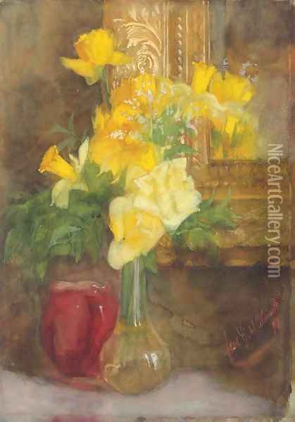 A bouquet of yellow roses and daffodils Oil Painting - Ferdinand Oldewelt