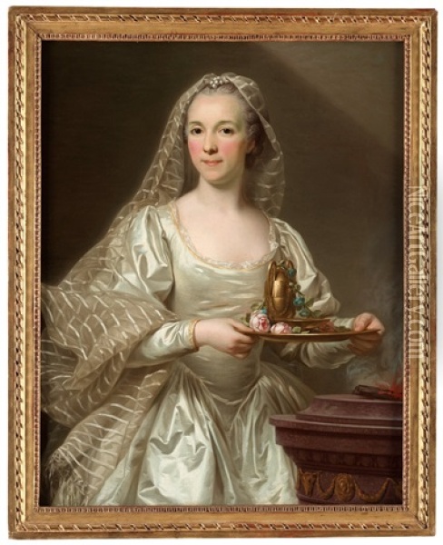 Portrait Of A Lady, Said To Be Mlle Bourgevin De Linas, As A Vestal Virgin Oil Painting - Alexander Roslin