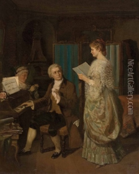 Mozart Und Aloisia Weber Bei Der Musikprobe Oil Painting - Louis Katzenstein