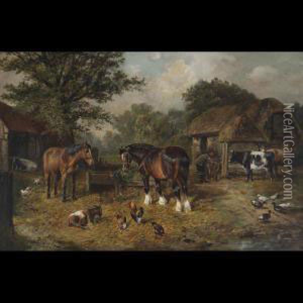 Farmyard With Horses, Cattle And Poultry Oil Painting - Joseph Clark
