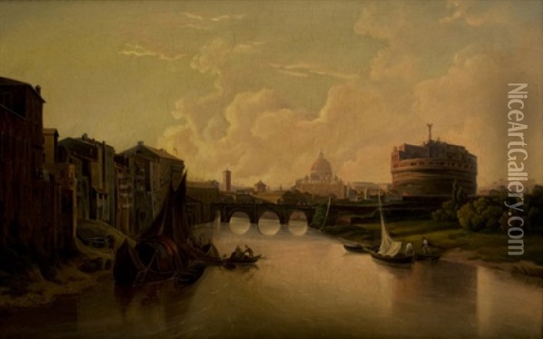 Veduta Del Tevere Con Castel Sant'angelo (view Of The River Tiber With Saint Angel's Castle) Oil Painting - Gustaf Wilhelm Palm
