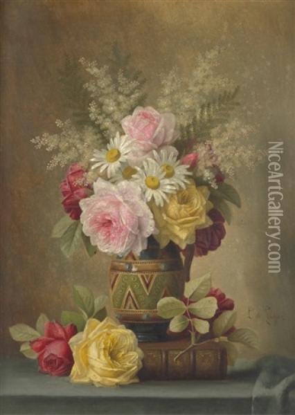 Blumenstilleben Mit Rosen, Margeriten Und Mimosen Oil Painting - Paul De Longpre