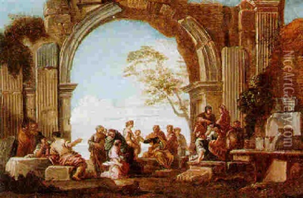 An Architectural Capriccio With Figures Gathered Beneath An Arch Oil Painting - Giovanni Paolo Panini