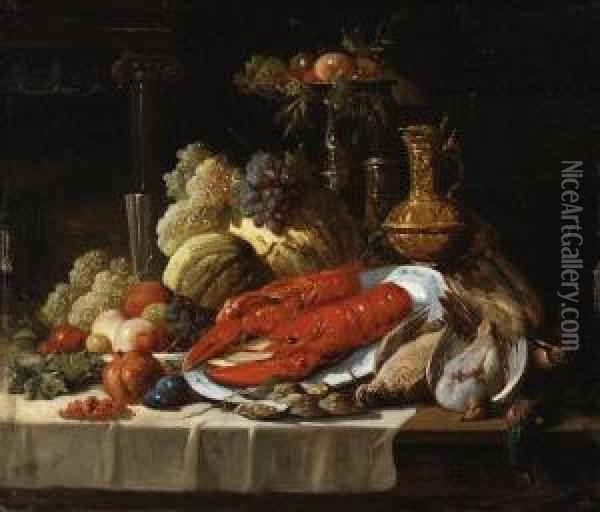 Still Life With Lobster, Oysters, Fruit And Fowl On A Drapedtable. Oil Painting - John Seymour Lucas