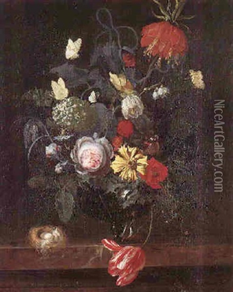 A Still Life Of Flowers In A Bowl With Butterflies And Bird's Nest Oil Painting - Otto Marseus van Schrieck