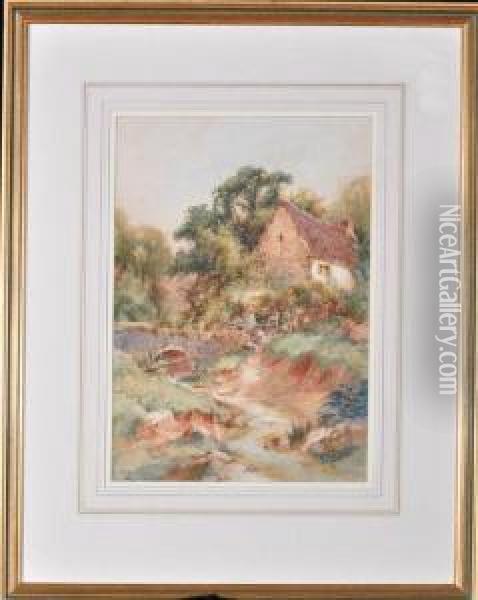 A Country Cottage By A Bridge Oil Painting - Harry James Sticks