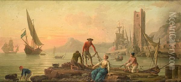 A Mediterranean Harbour With 
Fishermen Hauling In Their Nets And Shipping At Anchor Beyond Oil Painting - Charles Francois Lacroix de Marseille