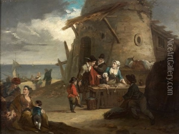 Marchande De Poissons Pres Du Port Oil Painting - Jean Baptiste Marie Pierre