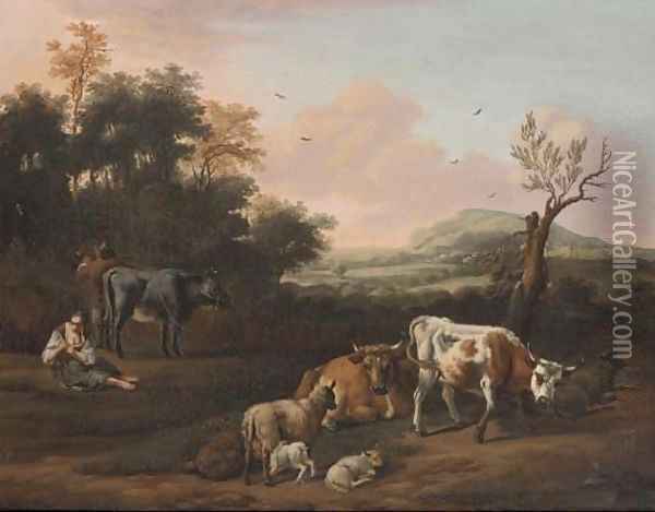 A drover, cattle and a shepherdess in an extensive landscape Oil Painting - Michiel Carree