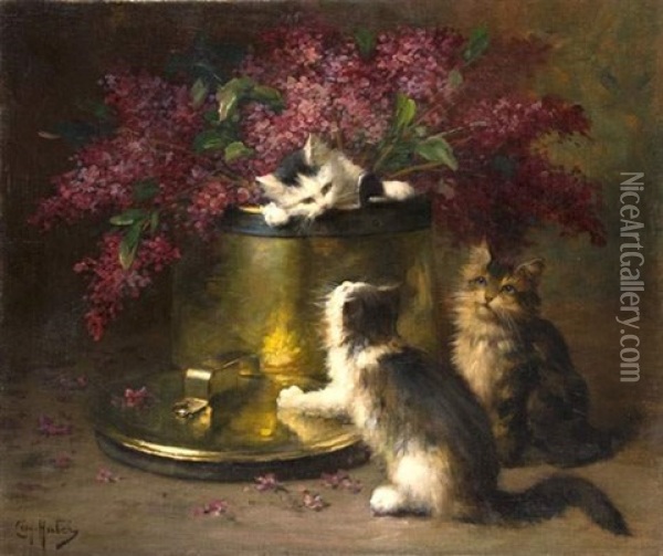 Trois Chatons Jouant Autour D'un Bouquet De Lilas Oil Painting - Leon Hubert
