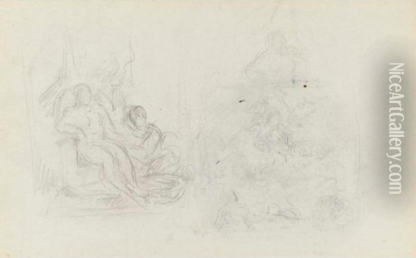 Branches And Etudes De Bathsheba Et L'eternelle Feminine: A Double-sided Drawing Oil Painting - Paul Cezanne